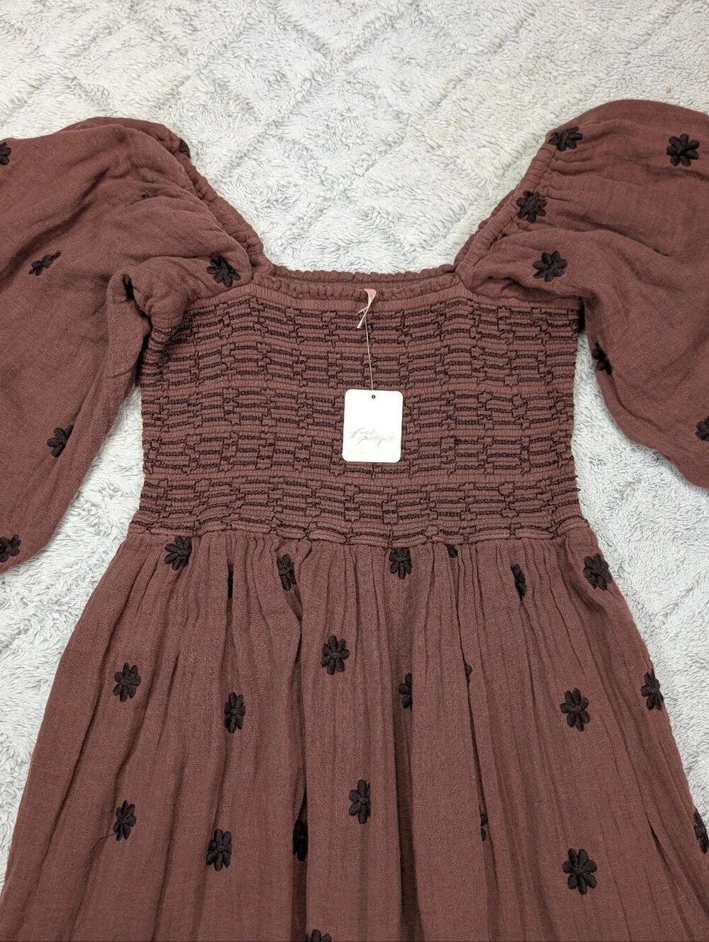 Free People Dress Womens XS Brown Burgundy Road Dahlia Embroidered Tier Maxi